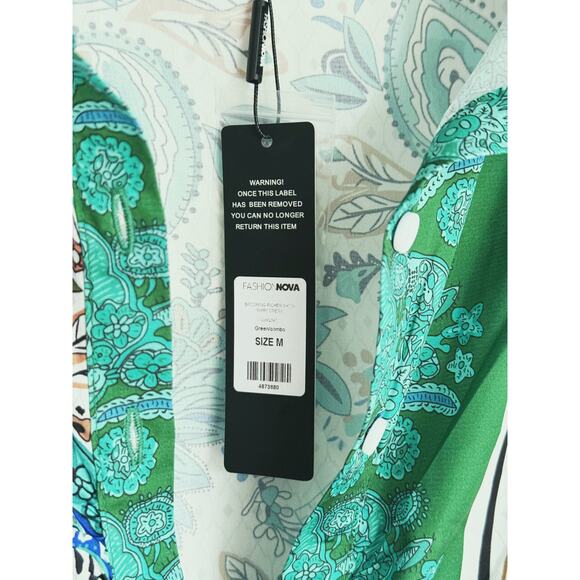 NWT Satin Paisley Shirt Dress Medium Green Baddie Loud Luxury Glam Regency Chic - Picture 5 of 8